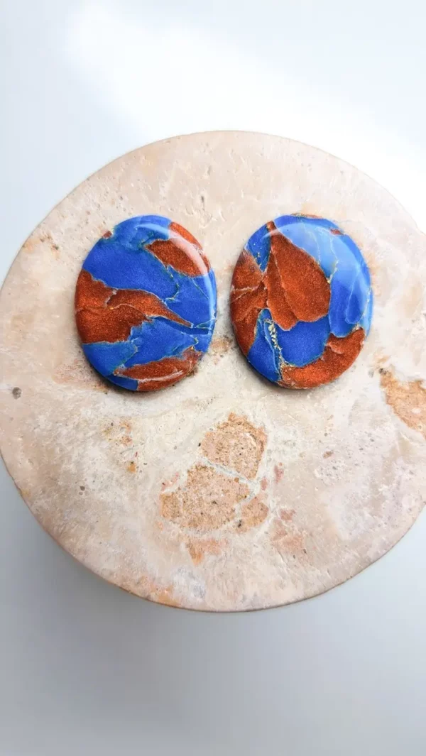 Granatowo miedziane owalne kolczyki sztyfty